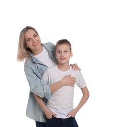 Happy mother and son on white background