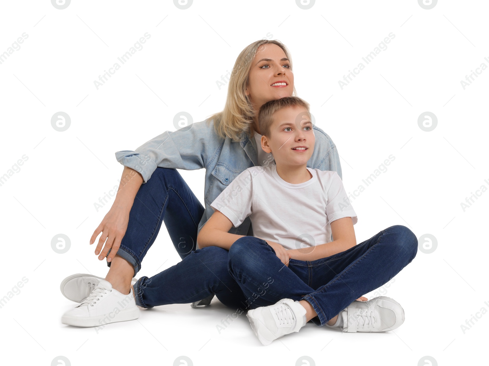 Photo of Happy mother and son on white background