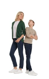 Happy mother and son on white background