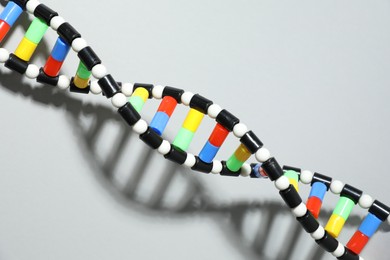 Photo of DNA structure model on light grey background, above view