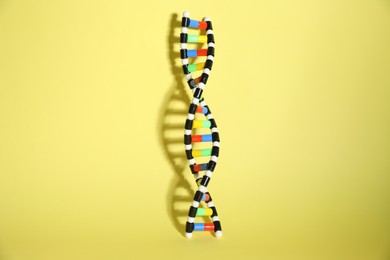 Photo of One DNA structure model on yellow background