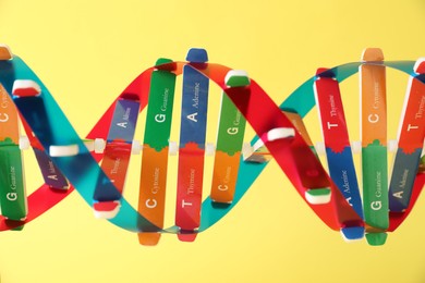 Photo of DNA structure model on yellow background, closeup