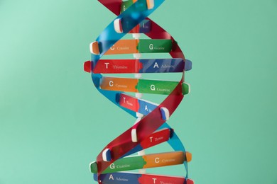 Photo of DNA structure model on turquoise background, closeup