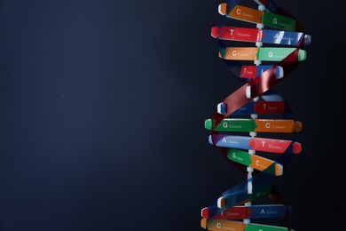 Photo of DNA structure model on dark background, space for text