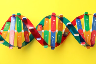 Photo of DNA structure model on yellow background, top view