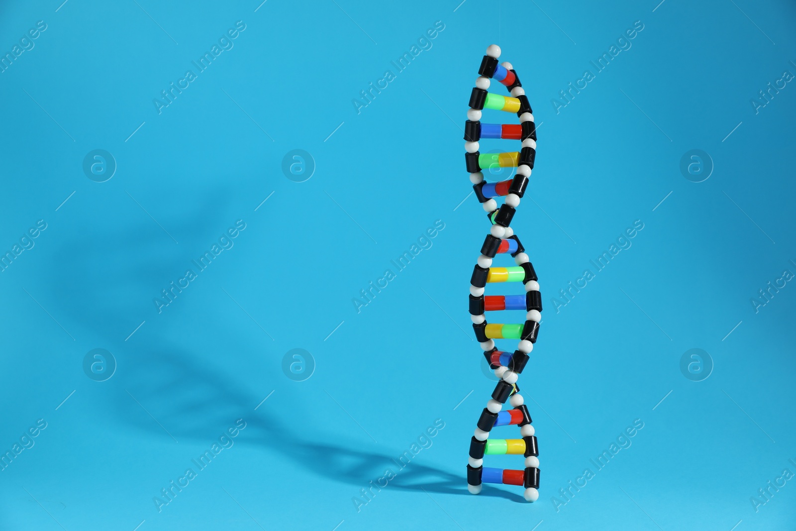 Photo of Colorful DNA structure model on light blue background. Space for text