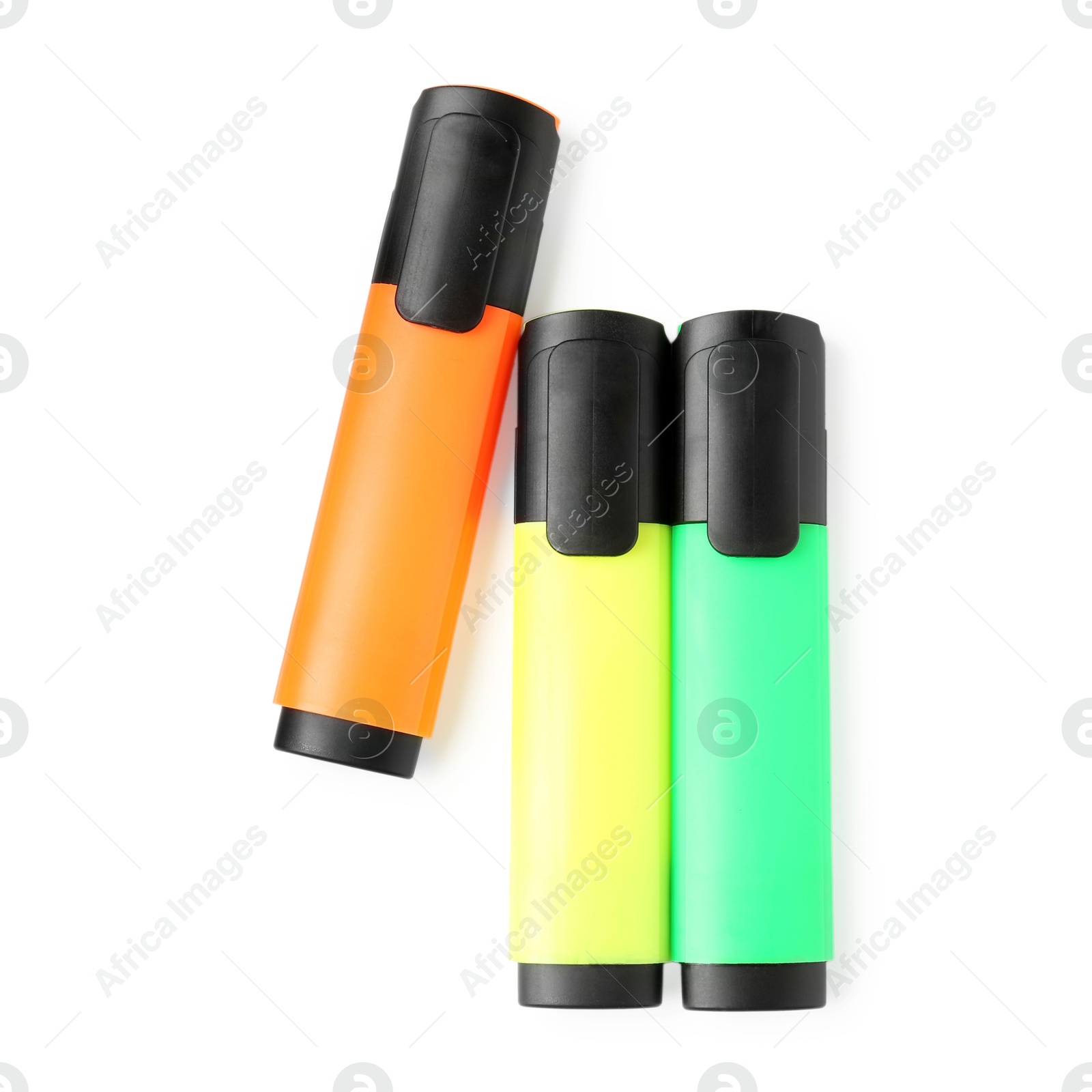 Photo of Bright highlighters isolated on white, top view