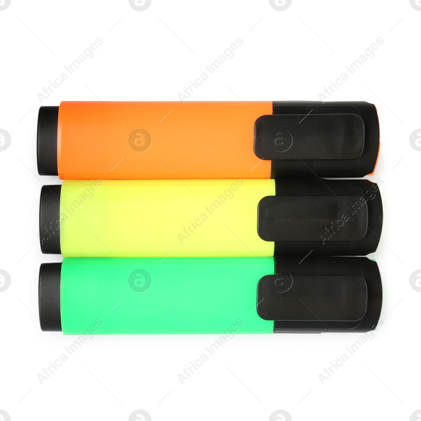 Photo of Bright highlighters isolated on white, top view