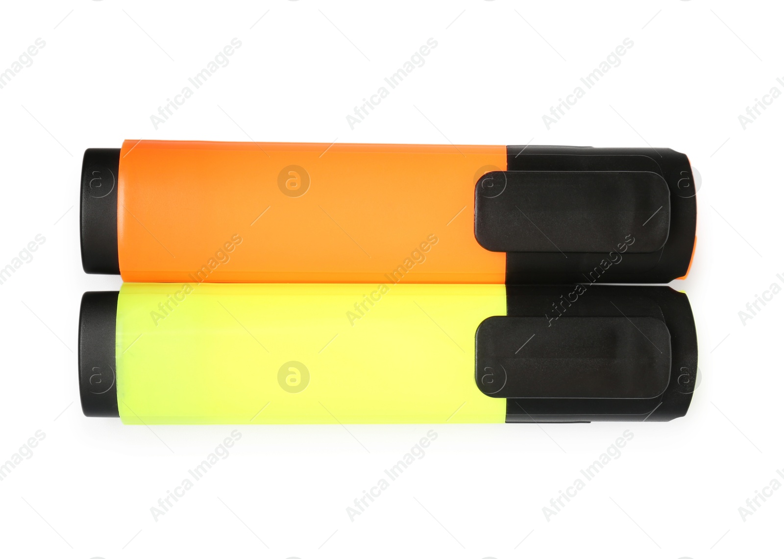 Photo of Bright highlighters isolated on white, top view