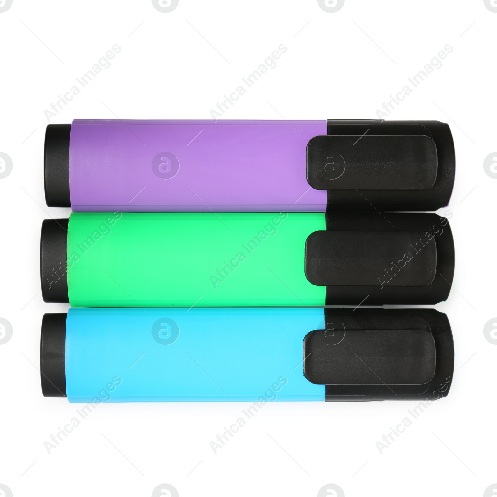 Photo of Bright highlighters isolated on white, top view