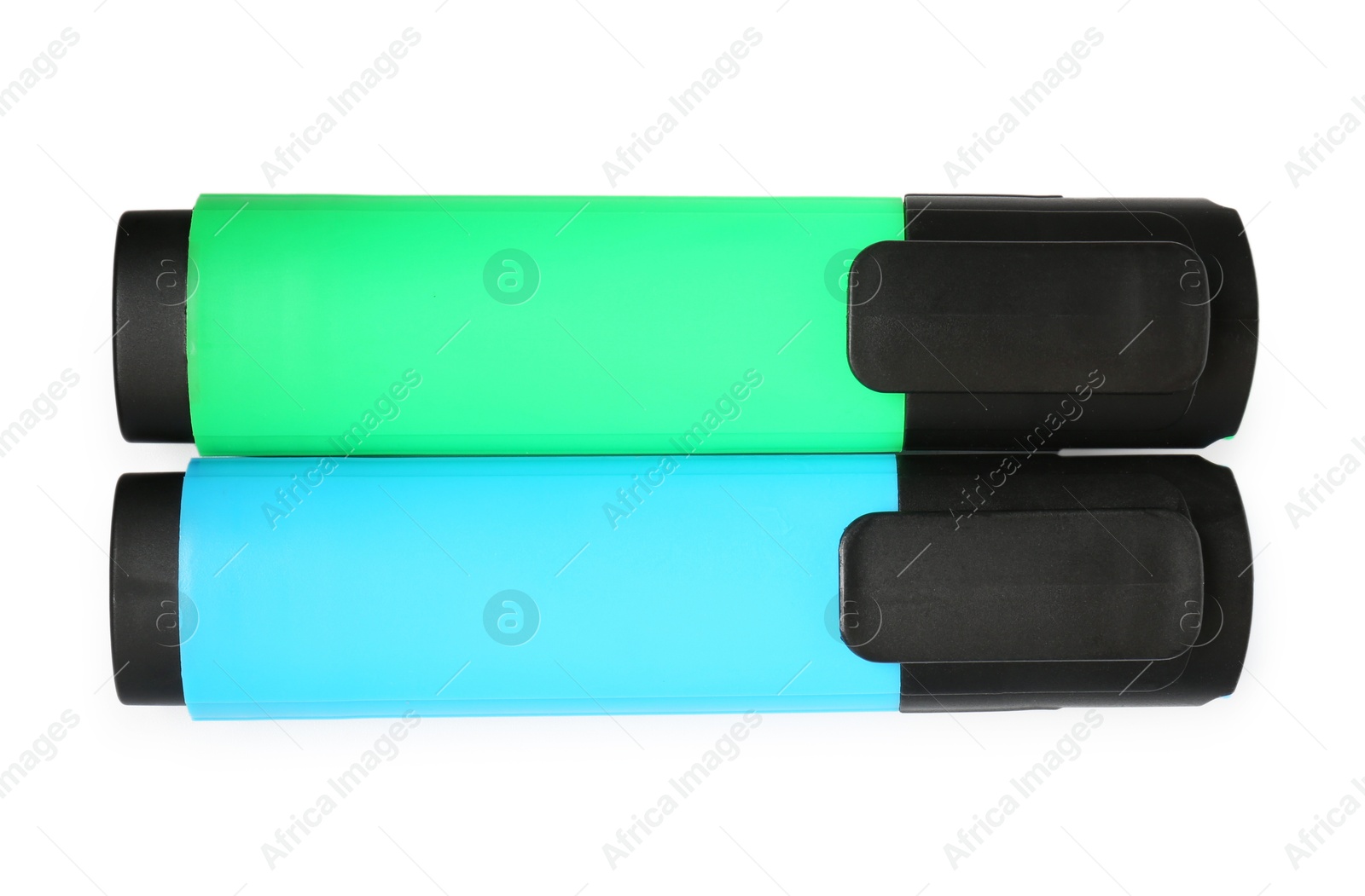 Photo of Bright highlighters isolated on white, top view