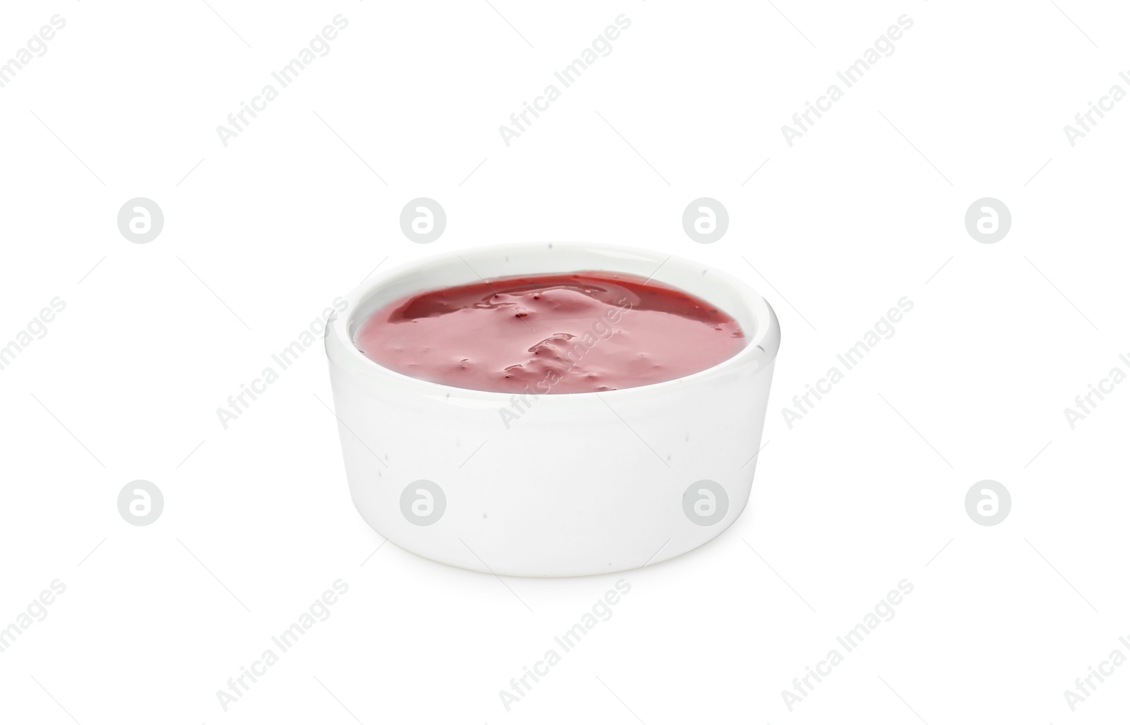 Photo of Tasty strawberry sauce in bowl isolated on white