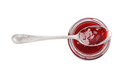 Photo of Tasty strawberry sauce in jar with spoon isolated on white, top view