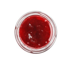 Photo of Tasty strawberry sauce in jar isolated on white, top view