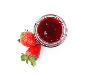 Photo of Tasty strawberry sauce in jar and fresh berries isolated on white, top view