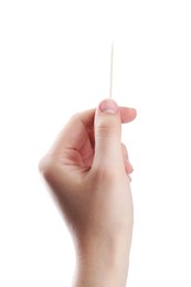 Photo of Woman with wooden toothpick on white background, closeup