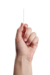 Photo of Woman with wooden toothpick on white background, closeup