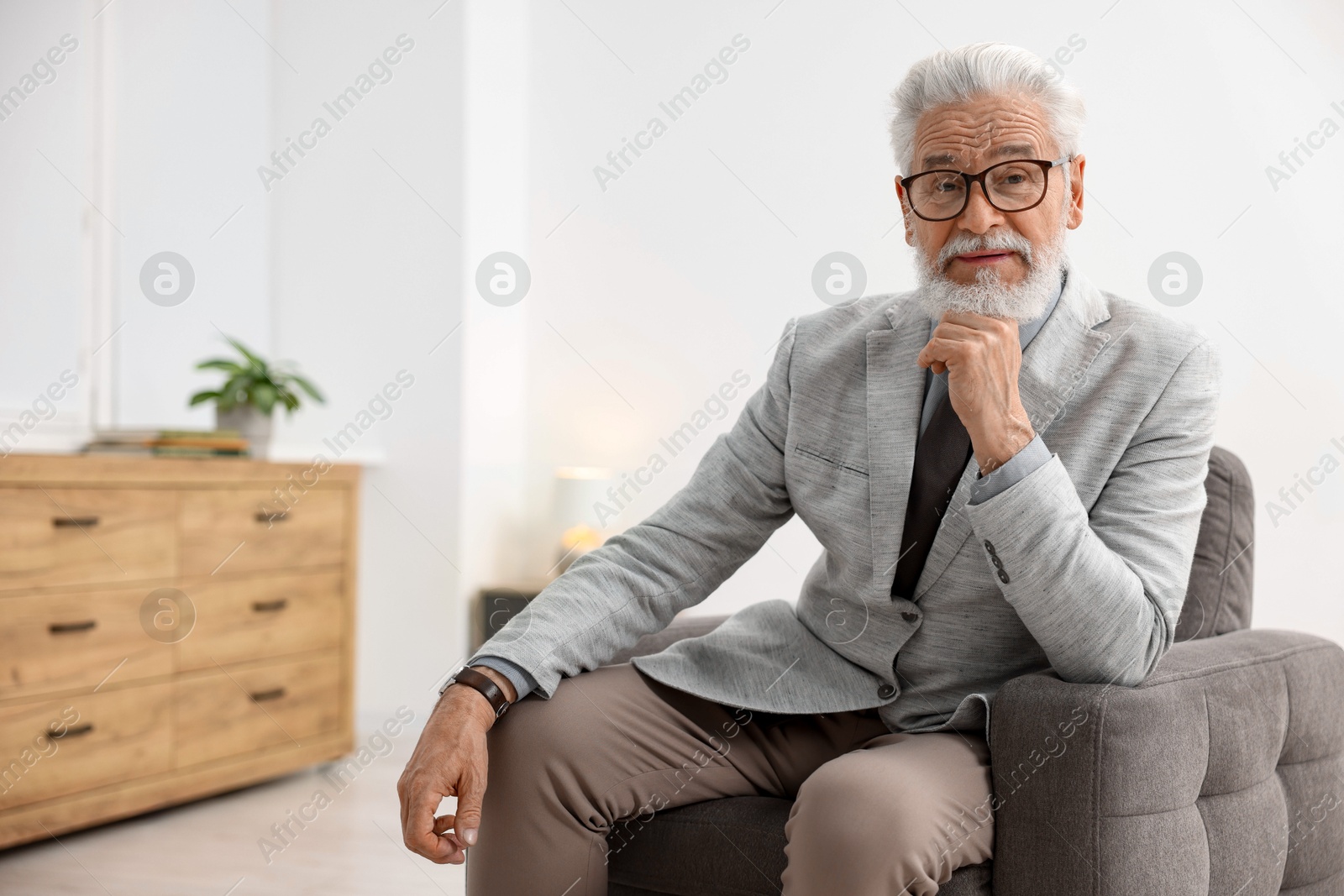 Photo of Portrait of handsome bearded man in armchair indoors, space for text