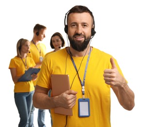 Technical support call center. Team of friendly operators on white background