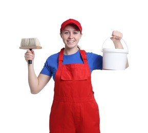 Professional painter with brush and bucket of paint on white background