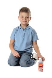 Photo of Little boy playing with toy car on white background