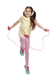 Photo of Cute little girl with jump rope on white background