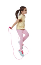 Photo of Cute little girl with jump rope on white background