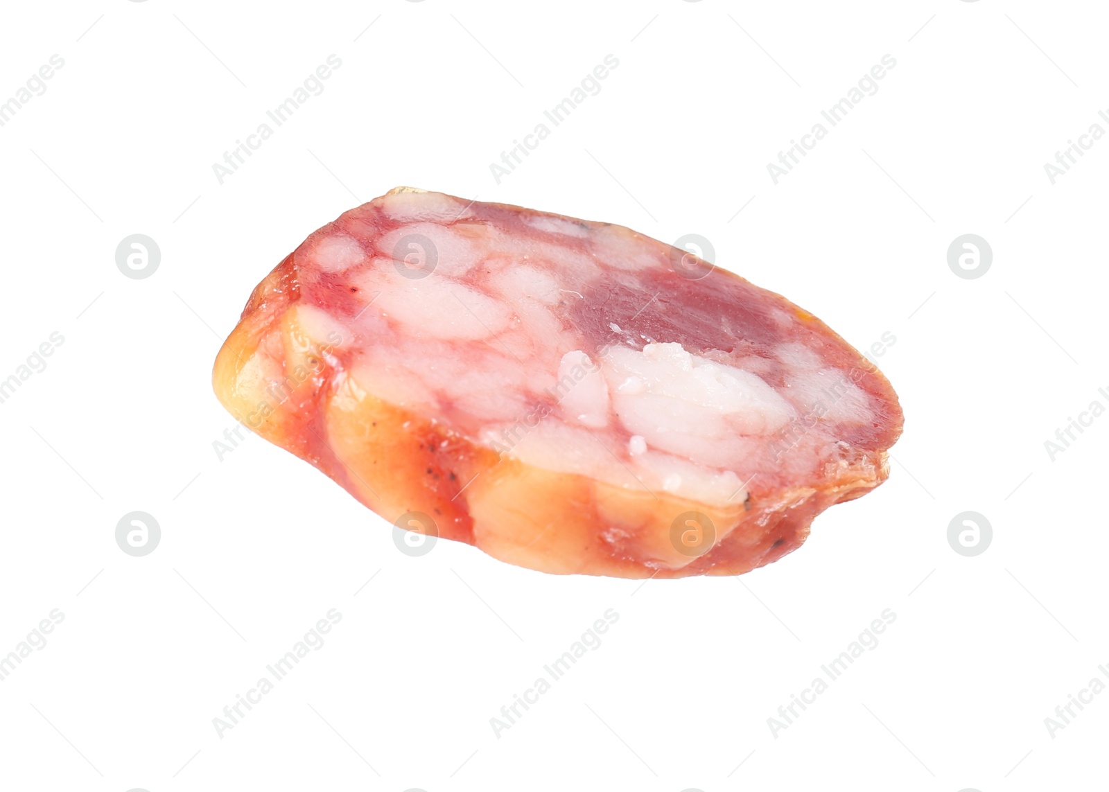 Photo of Piece of delicious dry cured sausage isolated on white