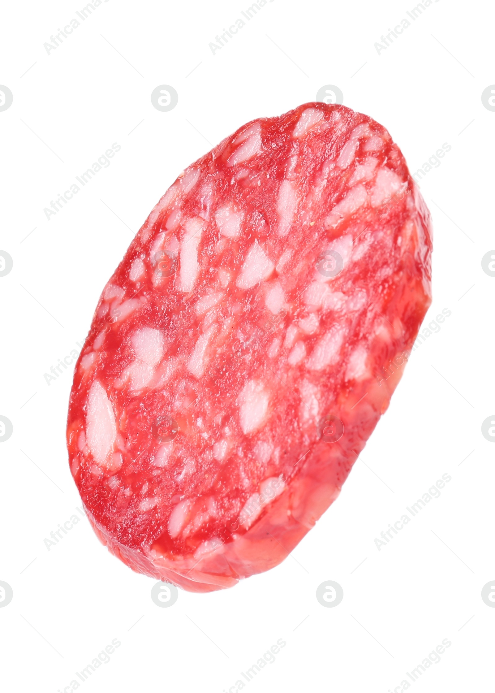 Photo of Piece of delicious dry cured sausage isolated on white