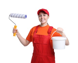 Professional painter with roller and bucket of paint on white background