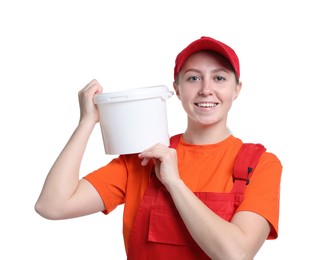 Professional painter with bucket of paint on white background