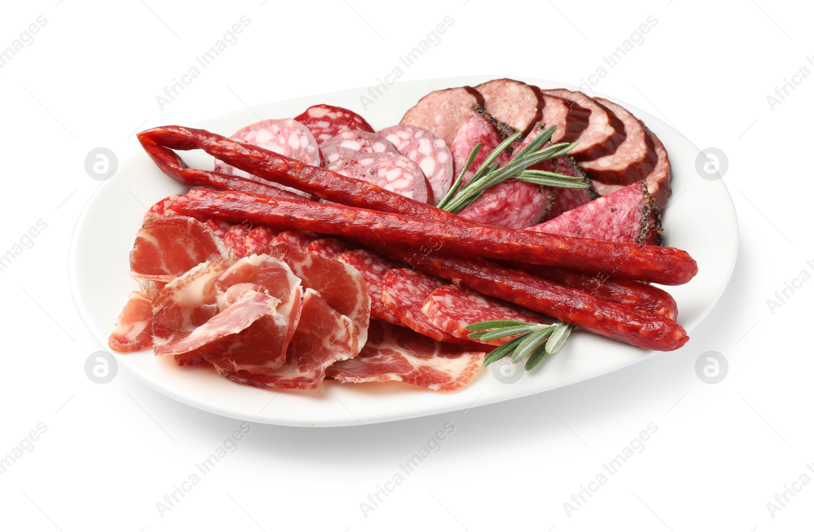 Photo of Different smoked sausages slices isolated on white