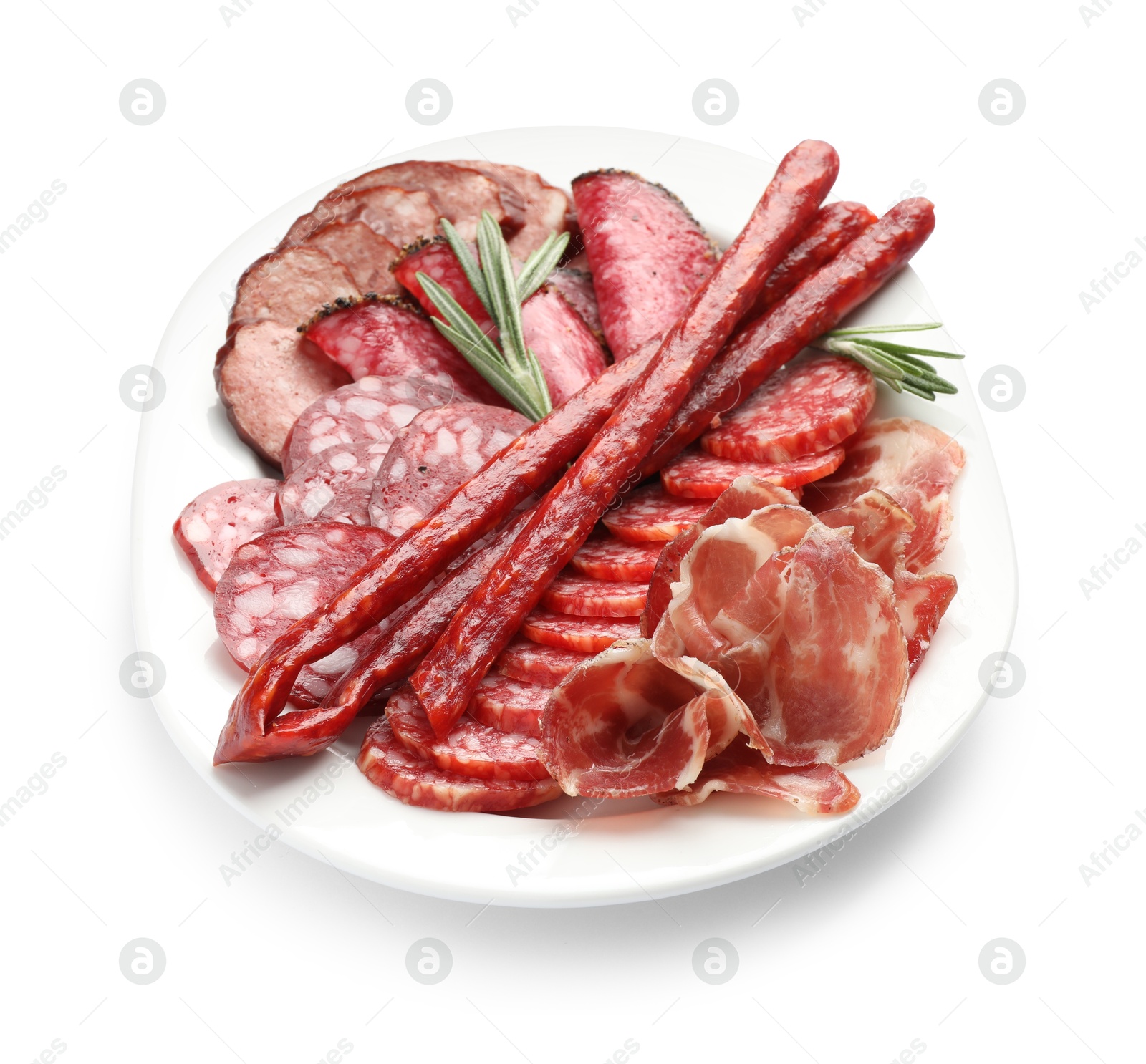 Photo of Different smoked sausages slices isolated on white