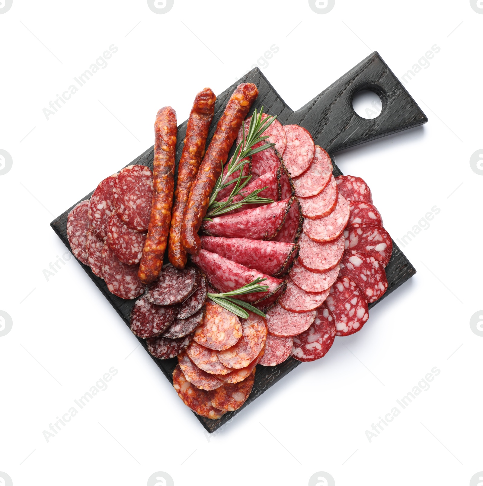 Photo of Different smoked sausages slices isolated on white, top view