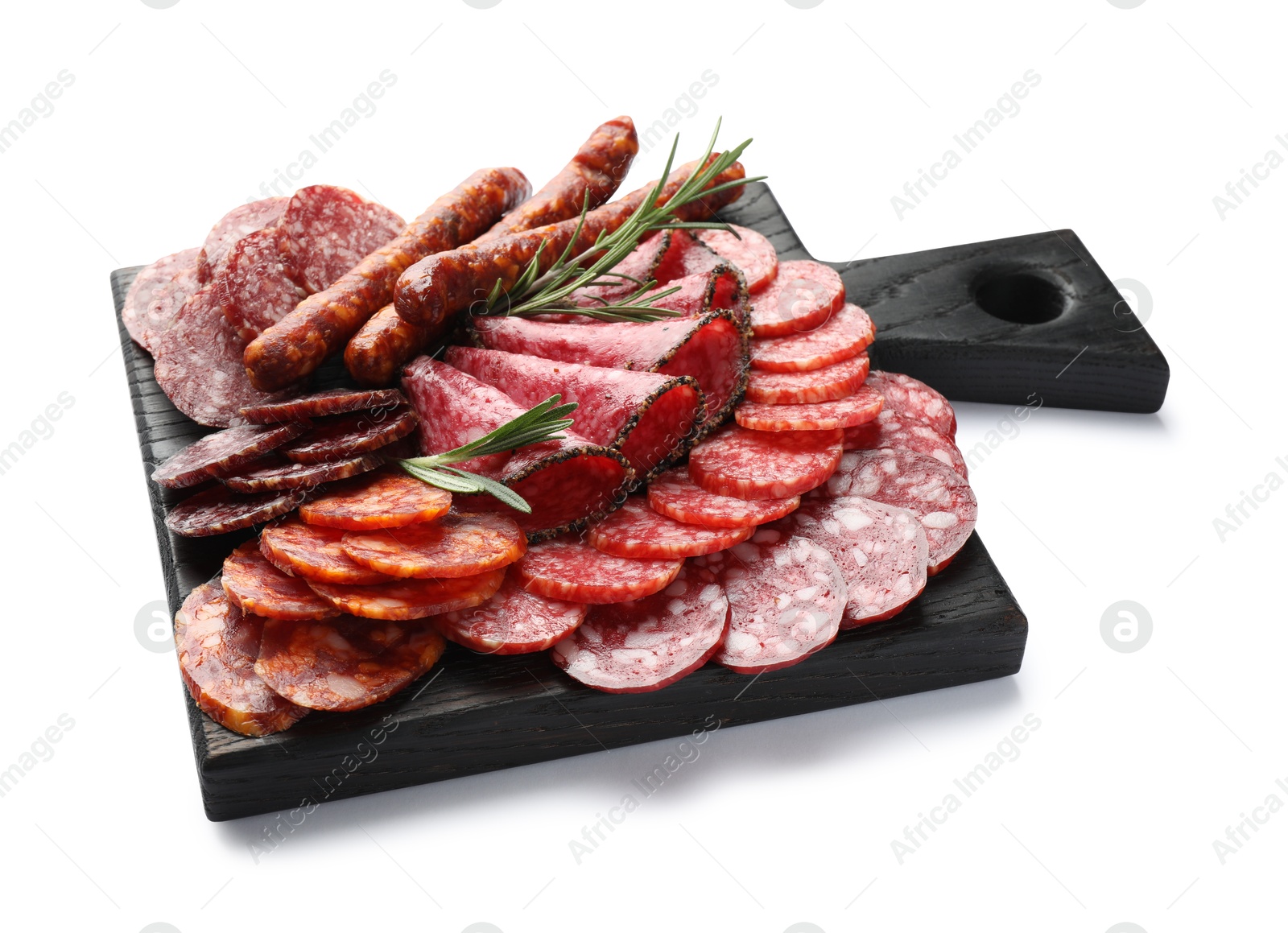 Photo of Different smoked sausages slices isolated on white