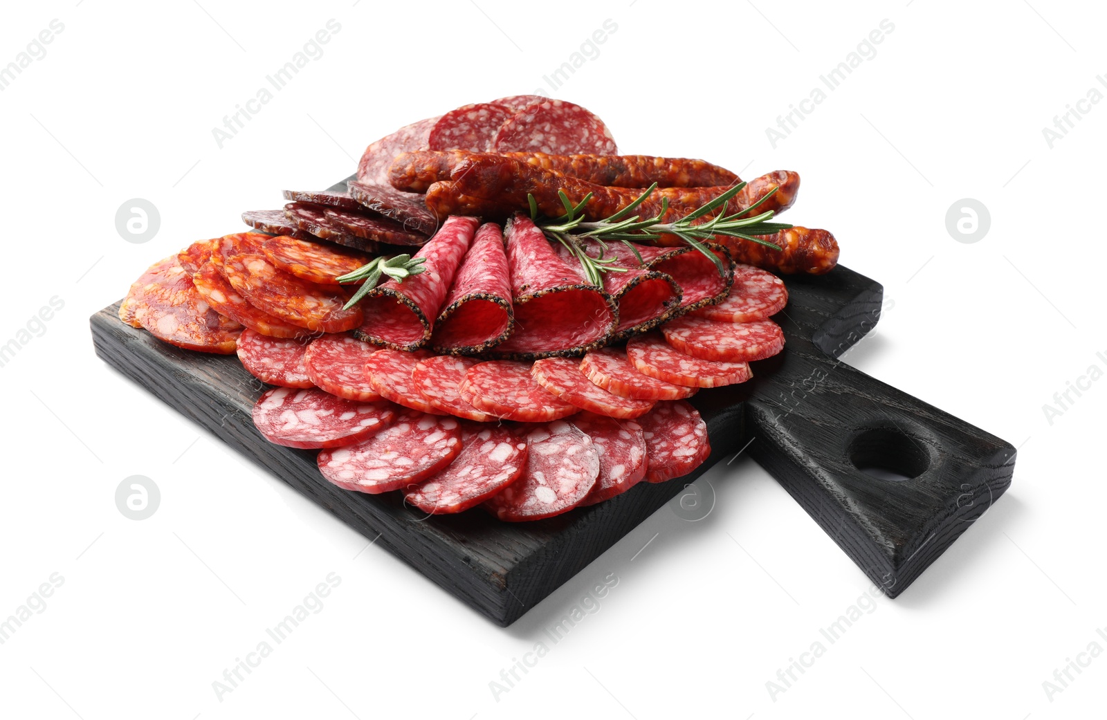 Photo of Different smoked sausages slices isolated on white