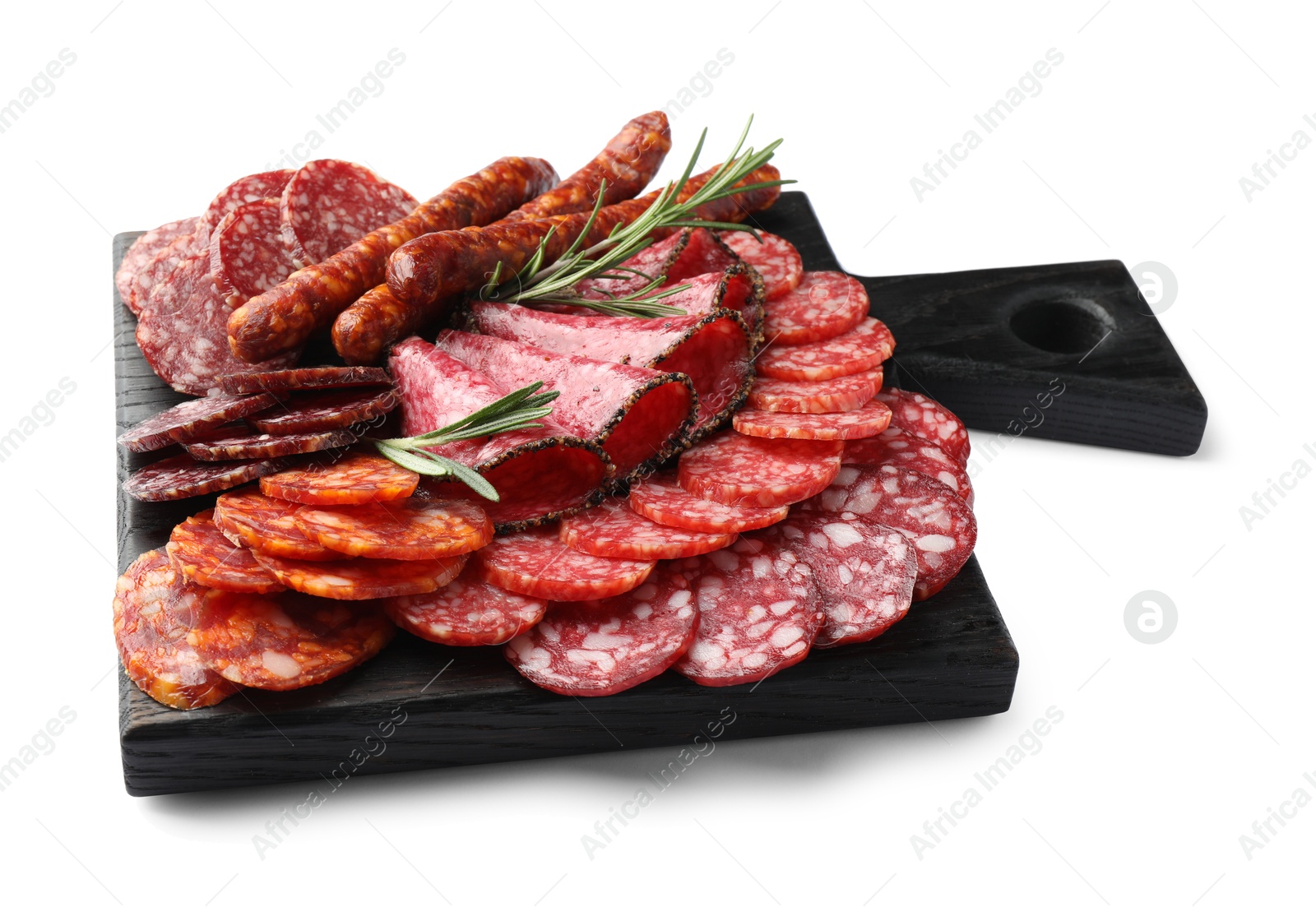 Photo of Different smoked sausages slices isolated on white