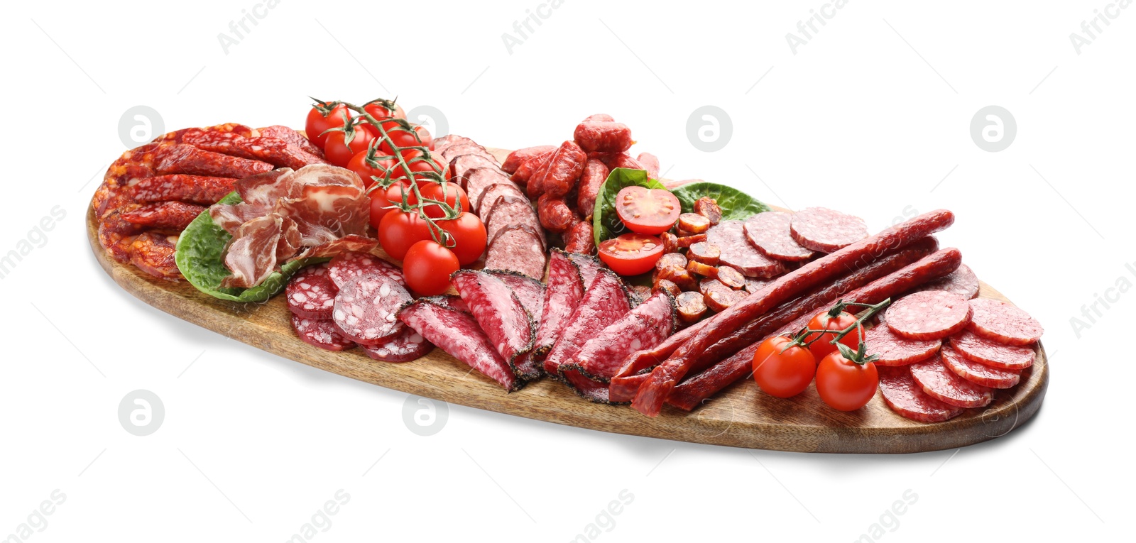 Photo of Different smoked sausages and other snacks isolated on white