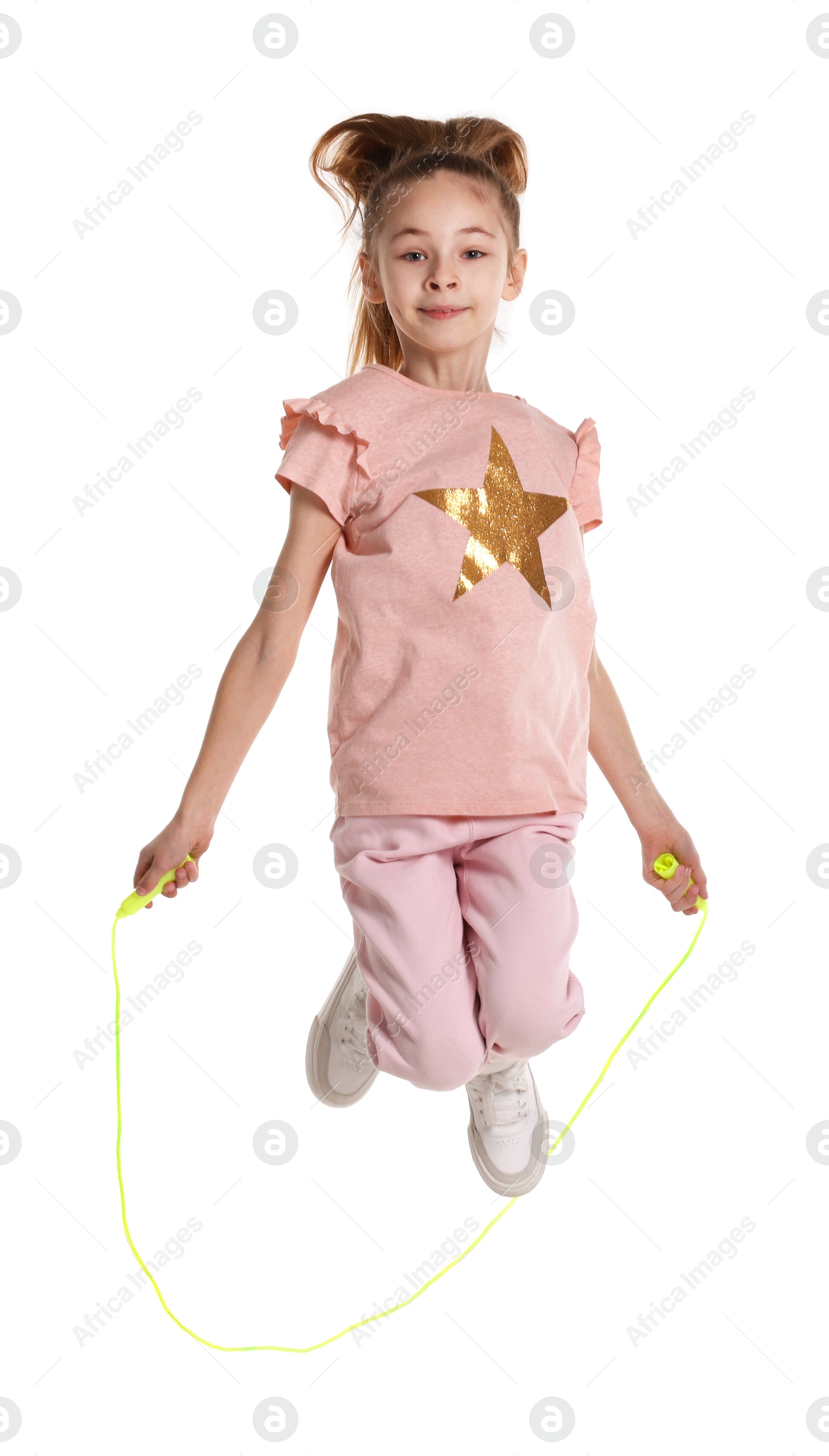 Photo of Cute little girl with jump rope on white background