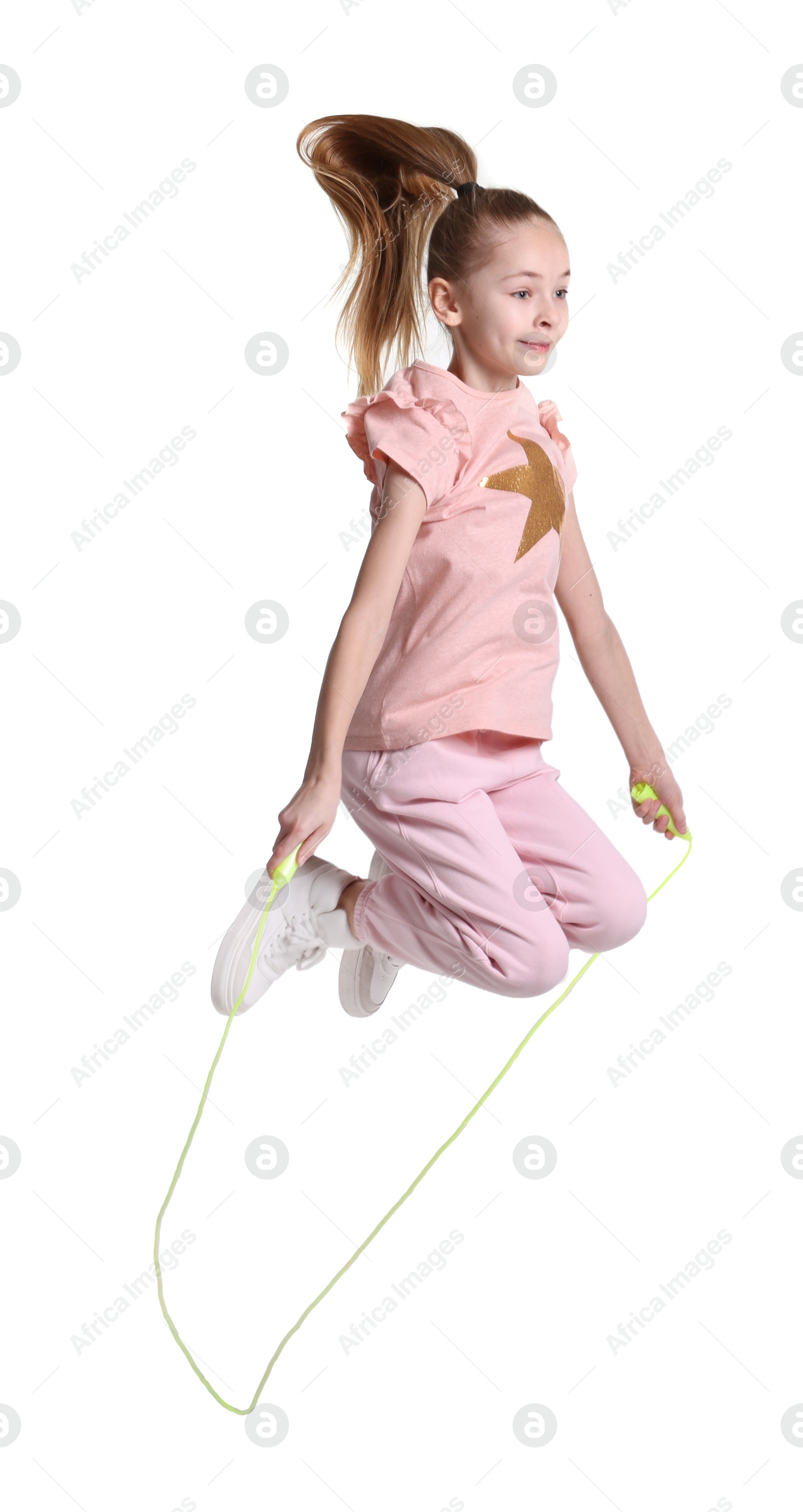 Photo of Cute little girl with jump rope on white background