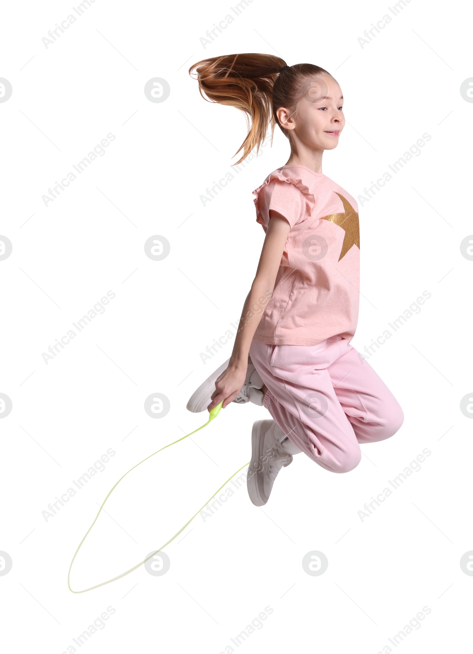 Photo of Cute little girl with jump rope on white background