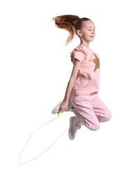 Photo of Cute little girl with jump rope on white background