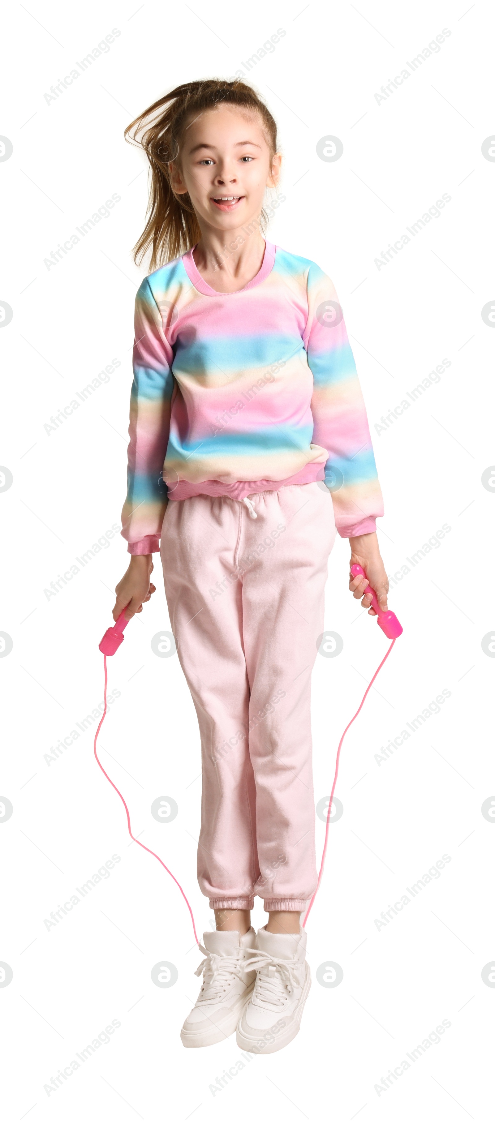 Photo of Cute little girl with jump rope on white background