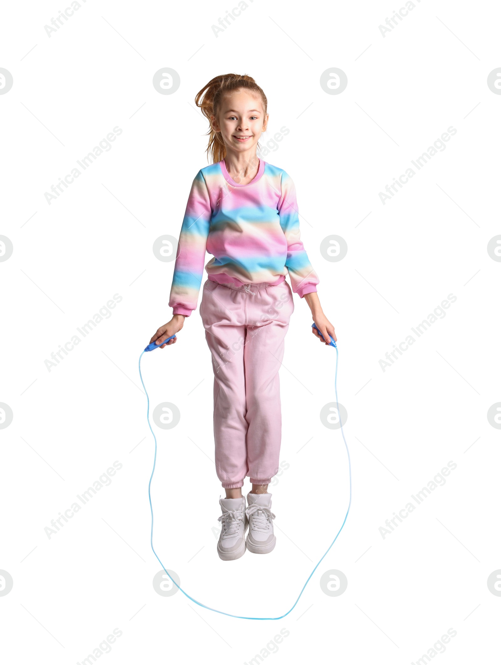 Photo of Cute little girl with jump rope on white background