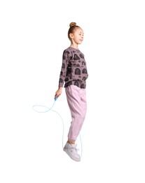 Photo of Cute little girl with jump rope on white background