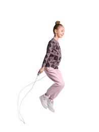 Photo of Cute little girl with jump rope on white background