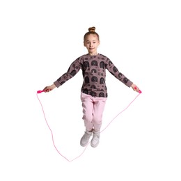 Photo of Cute little girl with jump rope on white background