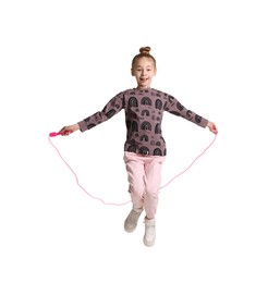 Photo of Cute little girl with jump rope on white background