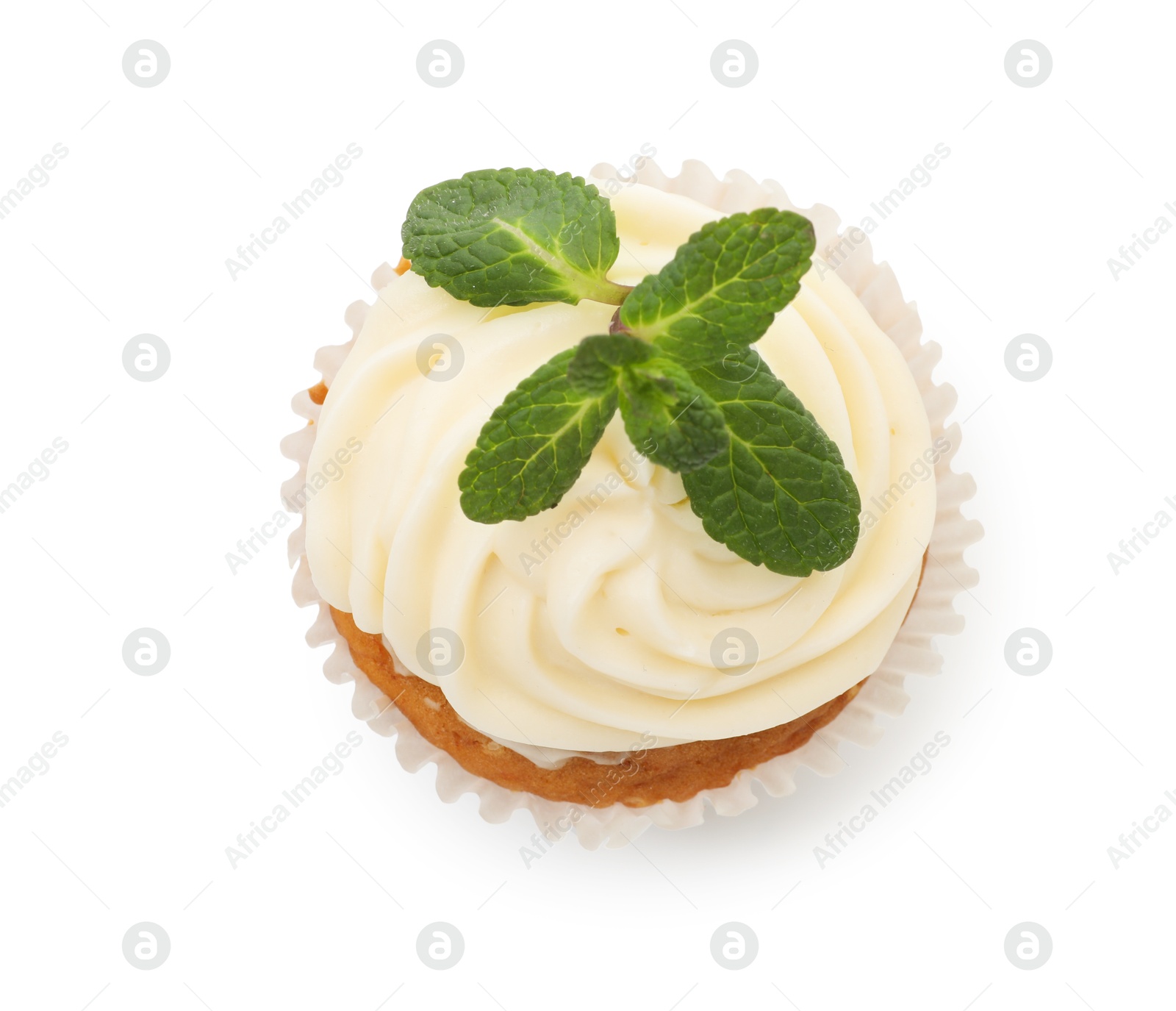 Photo of Delicious carrot cupcake with mint isolated on white, above view