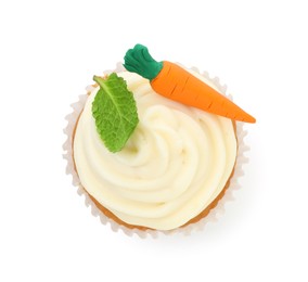 Photo of Delicious carrot cupcake with mint isolated on white, top view